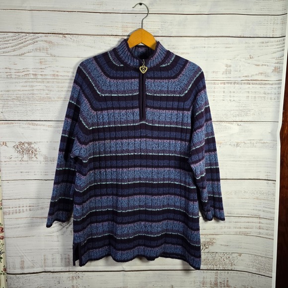 Maggie Lawrence Sweaters - Maggie Lawrence Ribbed Quarter Zip Sweater Tunic Purple Blue Striped Size 14/16